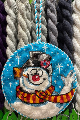 Finished needlepoint snowman ornament